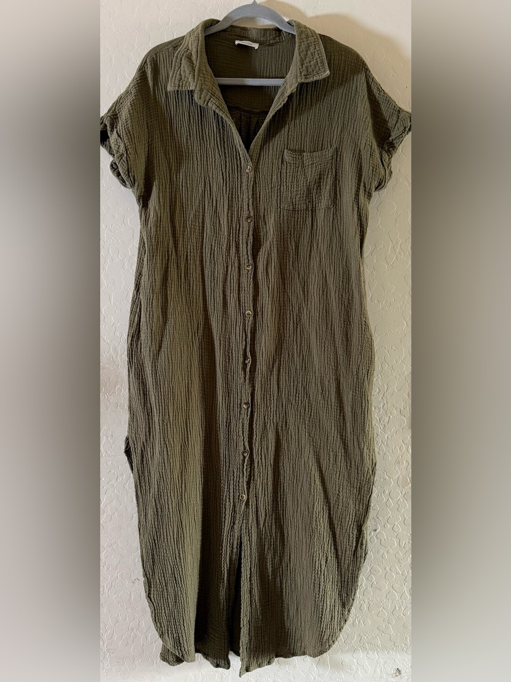 Bluivy, large, 100% cotton,Button Up Maxi Shirt Dress with Pocket in olive green
